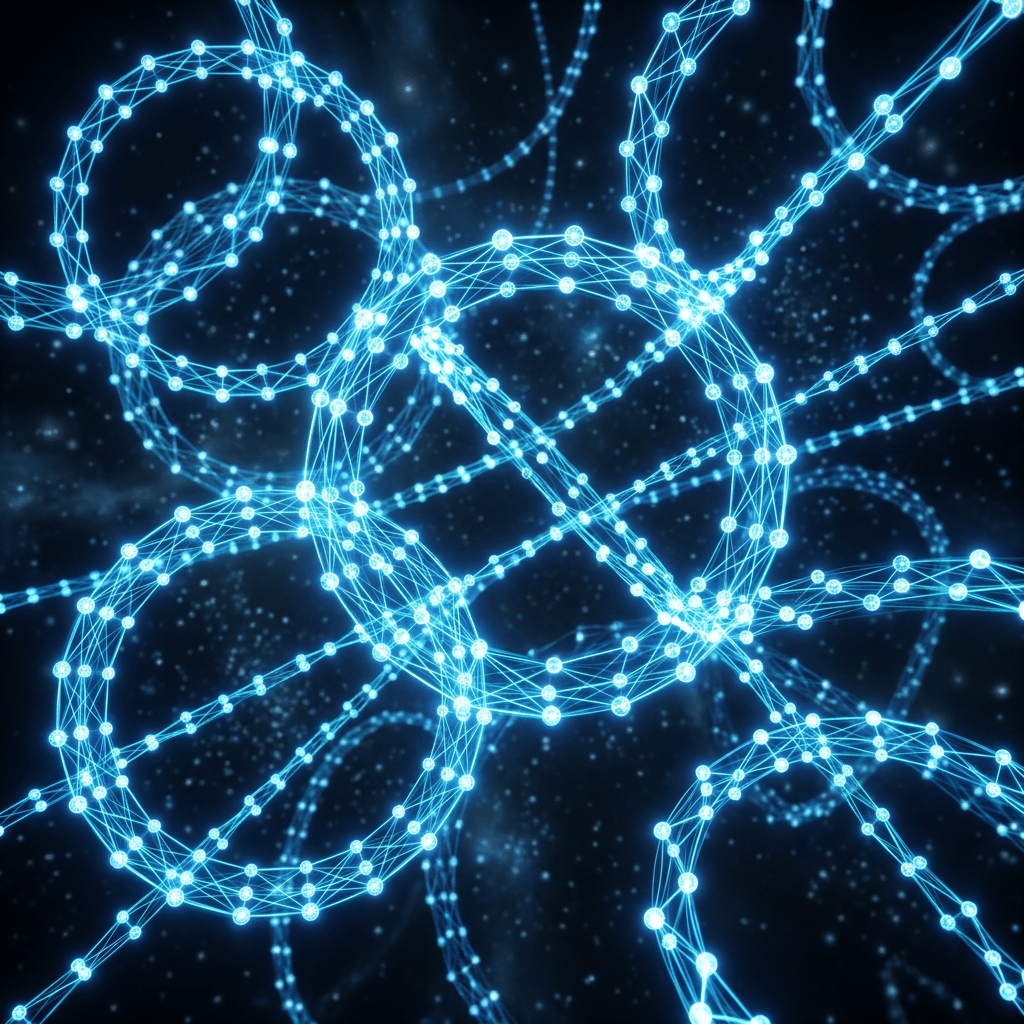 Interconnected glowing blue digital rings forming a network structure against a dark background