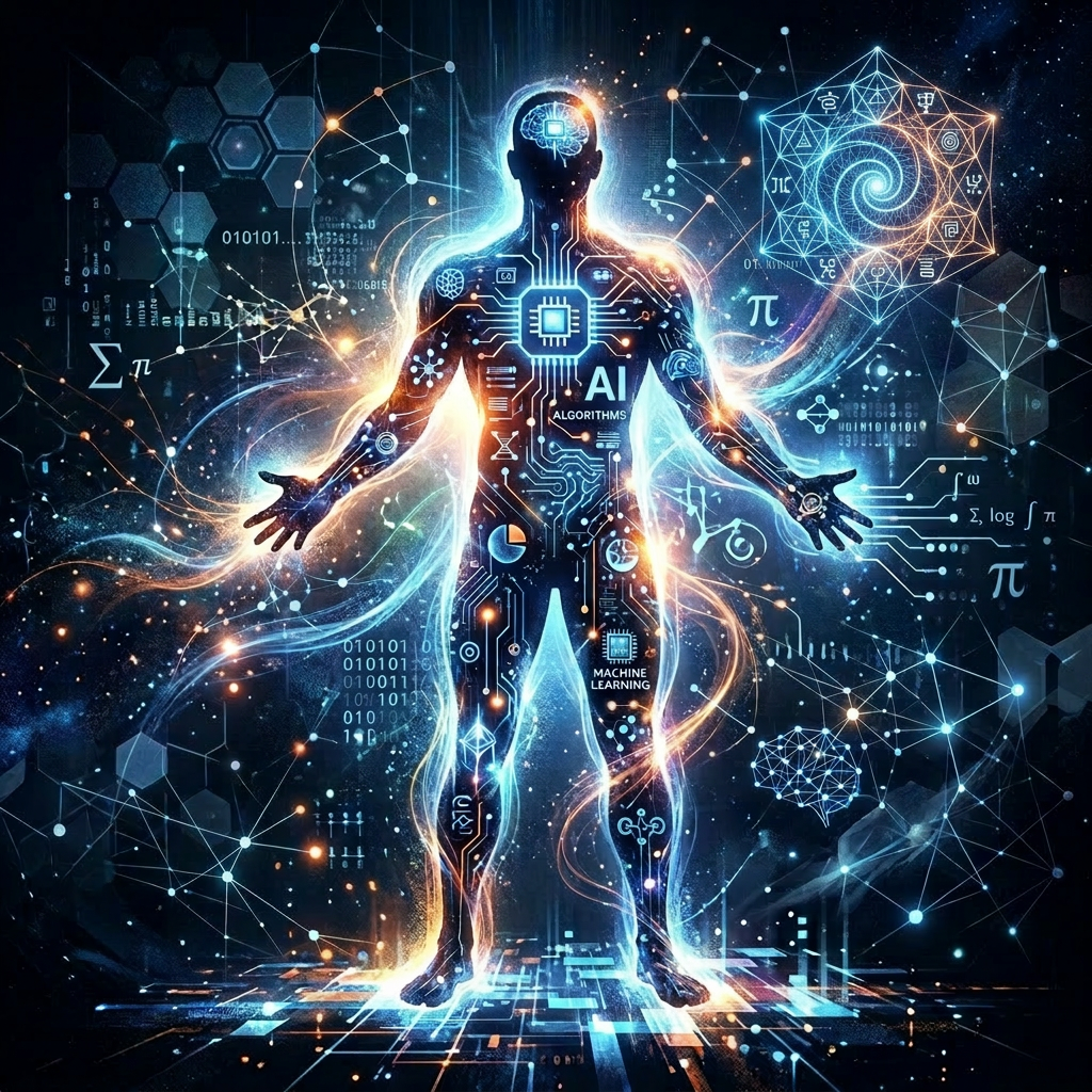Silhouette of a human with AI, machine learning, and algorithm icons