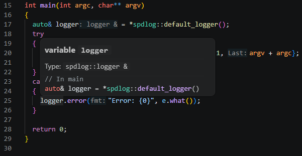 Code snippet in C++ showing the declaration of a logger variable using the spdlog library and error handling in a try-catch block.