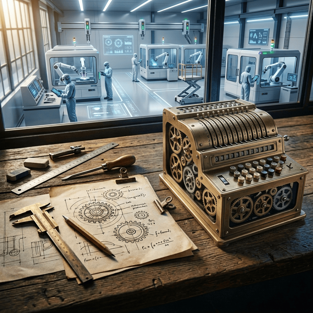 Gear sketches, drafting tools, and glowing engineering interface overlooking a workshop