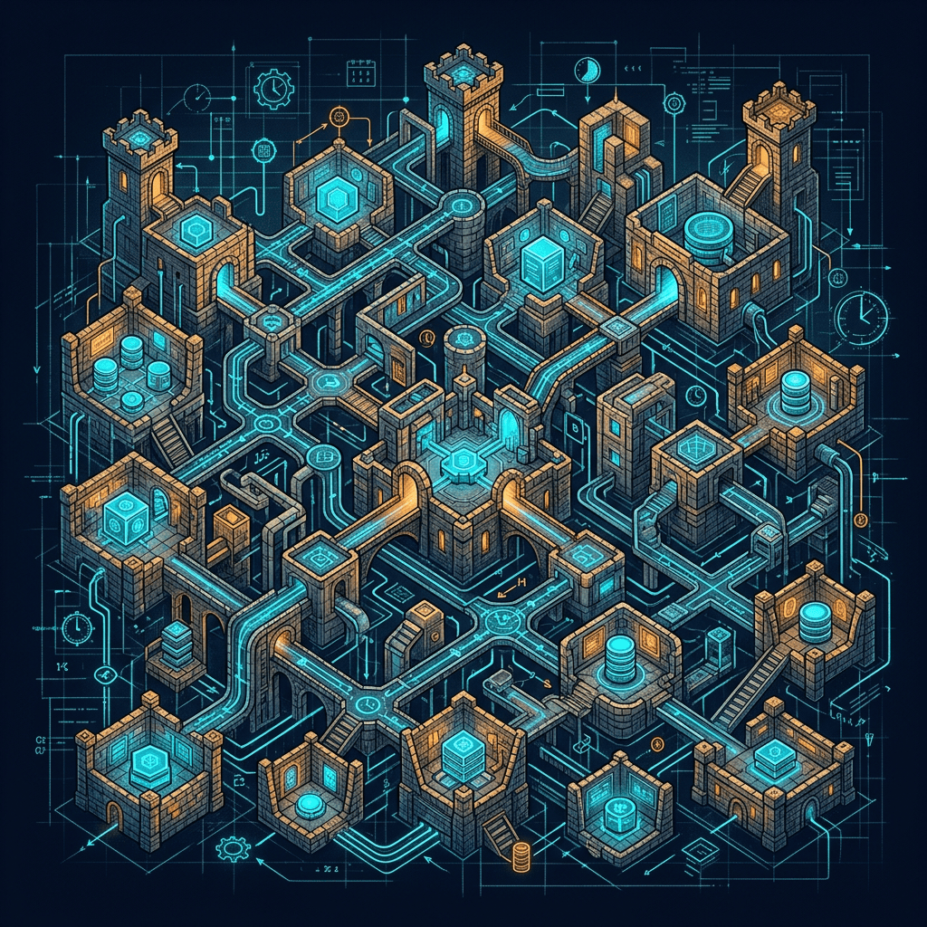 Isometric network of fortified towers, glowing data pathways, and digital infrastructure
